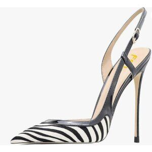 FSJ Black Zebra Print Women's Pointed Toe D'Orsay High Heel Slingback Pumps